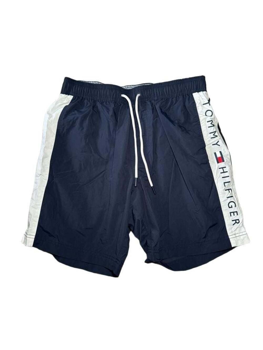 Tommy Hilfiger Navy Blue Side Stripe Drawstring Mesh Lined Swim Trunk Size Small